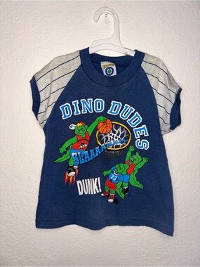 Vintage Dino Dudes Basketball Navy Graphic Tee Size 5/6 Made in USA